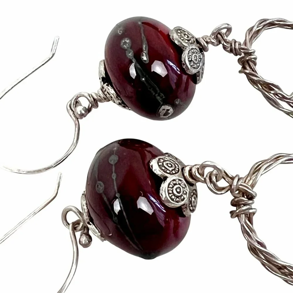 Handcrafted Purple Glass & Silver Wire Dangle Earrings Lightweight Jewelry - Picture 2 of 4